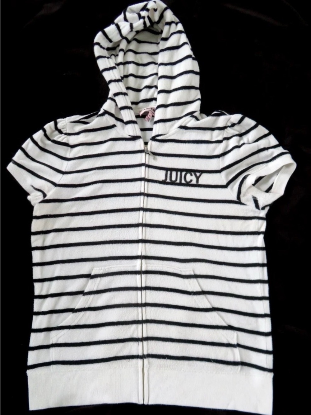 Vintage Juicy Couture White & Black Striped Terry Hooded Zip-Up